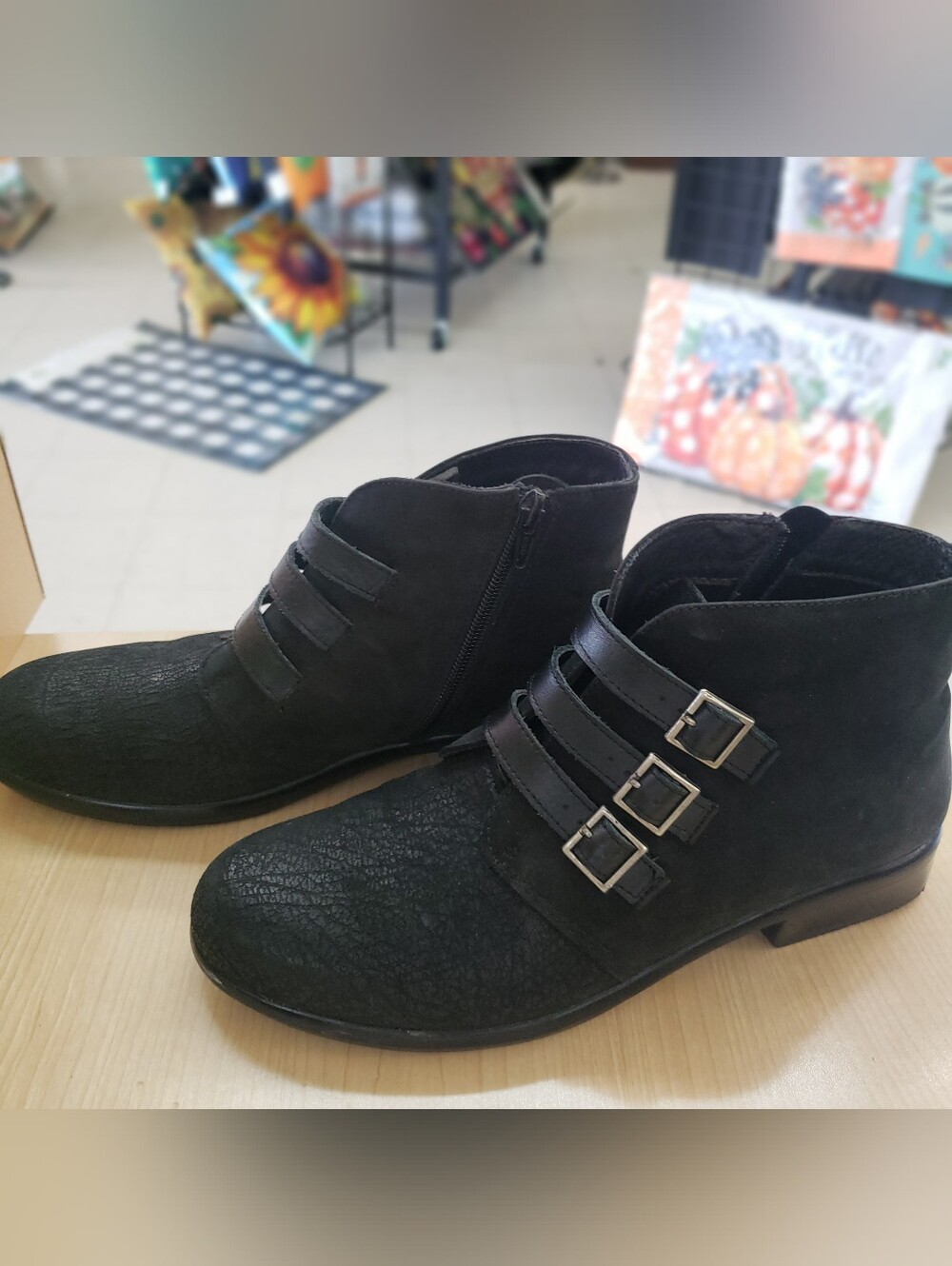 NWT- Naot Calima Leather, Textured, Triple Buckle Side Zip Ankle Boots